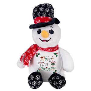 Frosty Snowman Plush, Personalised Bamboo Muslin, Personalised Christmas Stocking & Cotton Socks- 4 Piece Personalised Christmas Gift Set