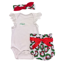 Load image into Gallery viewer, Christmas Romper Outfit, Personalised Embroidered Christmas Stocking &amp; Sequenced Baby Shoes- 5 Piece Personalised Christmas Gift Set
