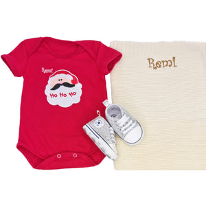 Romper, Personalised Cotton Knitted Blanket & Sequenced Shoes- 3 Piece Personalised Christmas Gift Set