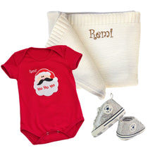 Load image into Gallery viewer, Romper, Personalised Cotton Knitted Blanket &amp; Sequenced Shoes- 3 Piece Personalised Christmas Gift Set
