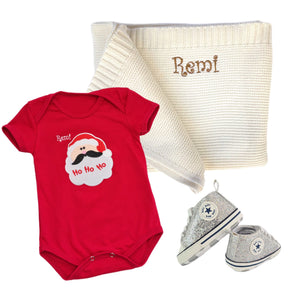 Romper, Personalised Cotton Knitted Blanket & Sequenced Shoes- 3 Piece Personalised Christmas Gift Set