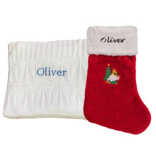 Load image into Gallery viewer, Embroidered Christmas Stocking &amp; Personalised Bamboo Knitted Blanket- 2 Piece Personalised Christmas Gift Set
