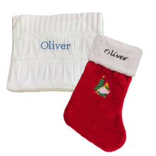 Load image into Gallery viewer, Embroidered Christmas Stocking &amp; Personalised Bamboo Knitted Blanket- 2 Piece Personalised Christmas Gift Set
