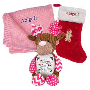 Cotton Knitted Blanket, Personalised Embroidered Christmas Stocking & Personalised "Pinkie" Patchwork Reindeer - 3 Piece Personalised Christmas Gift Set