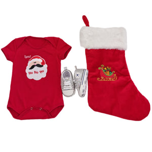 Romper & Embroidered Christmas Stocking & Canvas Sequenced Baby Shoes- 3 Piece Personalised Christmas Gift Set