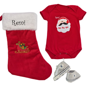 Romper & Embroidered Christmas Stocking & Canvas Sequenced Baby Shoes- 3 Piece Personalised Christmas Gift Set