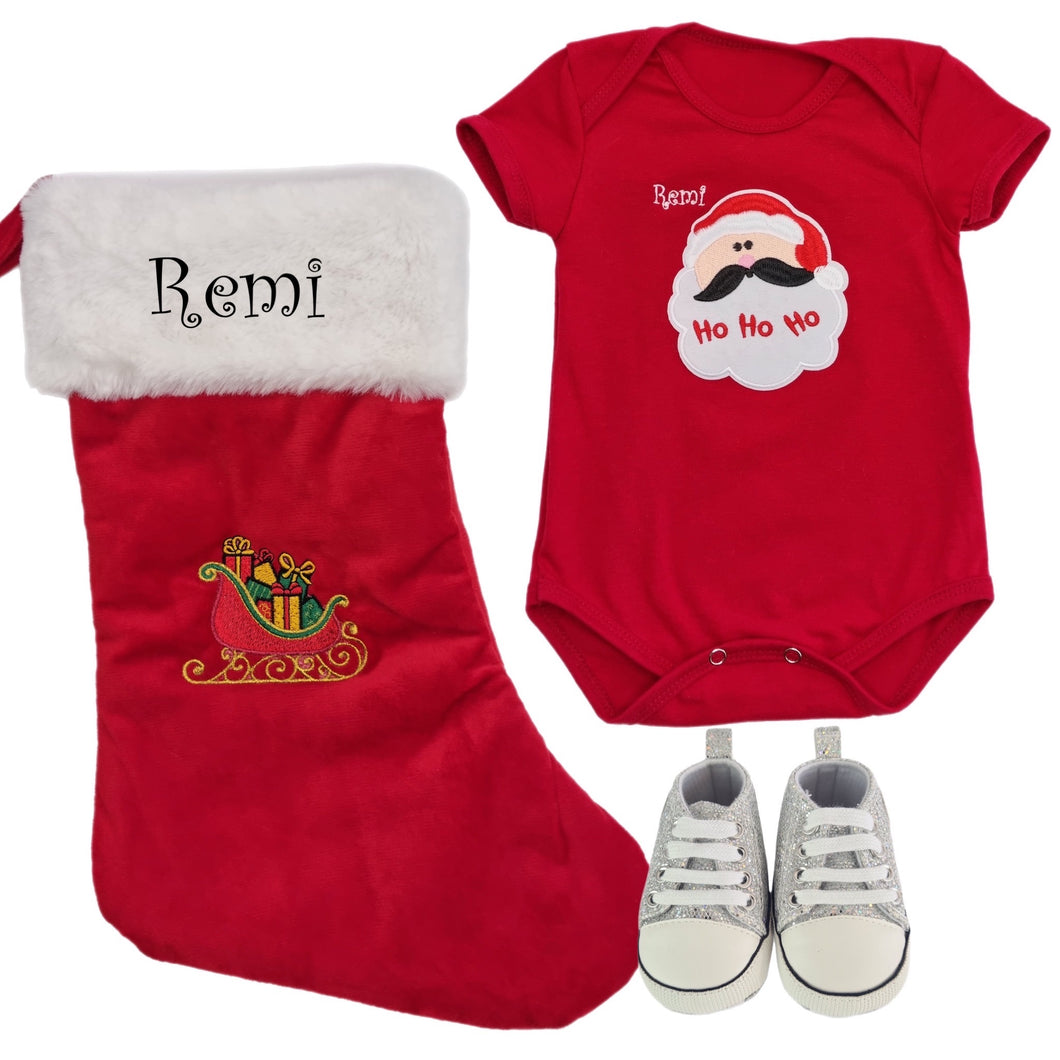 Romper & Embroidered Christmas Stocking & Canvas Sequenced Baby Shoes- 3 Piece Personalised Christmas Gift Set