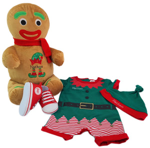 Newborn Elf Romper 0000, Personalised Green Knotted Hat, Personalised Plush Gingerbread Person & Unisex Canvas Shoes- 4 Piece Christmas Gift Set