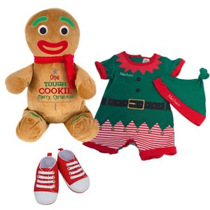 Newborn Elf Romper 0000, Personalised Green Knotted Hat, Personalised Plush Gingerbread Person & Unisex Canvas Shoes- 4 Piece Christmas Gift Set