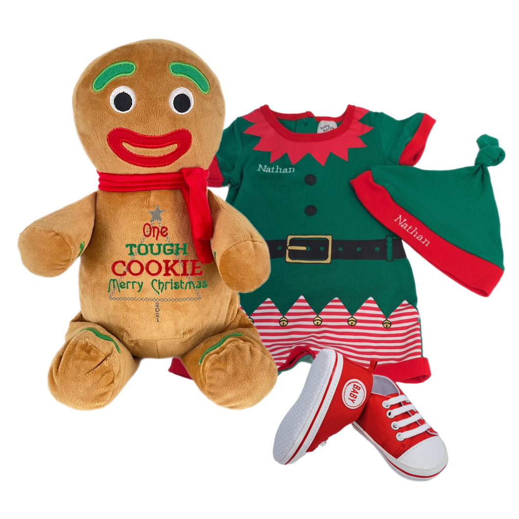 Newborn Elf Romper 0000, Personalised Green Knotted Hat, Personalised Plush Gingerbread Person & Unisex Canvas Shoes- 4 Piece Christmas Gift Set