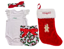 Load image into Gallery viewer, Embroidered Stocking,  Baby Girls Personalised Romper, Bloomers &amp; Headband Outfit- 4 Piece Personalised Christmas Gift Set
