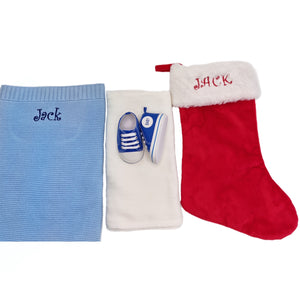 Christmas Stocking, Personalised Cotton Blanket Bamboo Muslin & Canvas Shoes- 4 Piece Personalised Christmas Gift Set