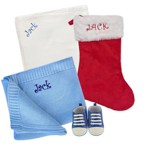 Christmas Stocking, Personalised Cotton Blanket Bamboo Muslin & Canvas Shoes- 4 Piece Personalised Christmas Gift Set