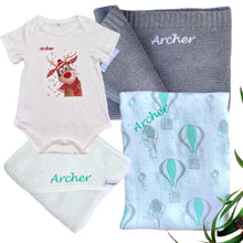 Load image into Gallery viewer, Romper, Personalised Cotton Blanket, Personalised Bamboo Hooded Towel &amp; Personalised Muslin- 4 Piece Personalised Christmas Gift Set
