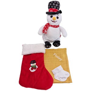 Frosty Snowman Plush, Personalised Bamboo Muslin, Personalised Christmas Stocking & Cotton Socks- 4 Piece Personalised Christmas Gift Set