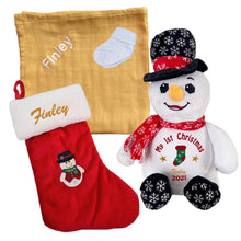 Load image into Gallery viewer, Frosty Snowman Plush, Personalised Bamboo Muslin, Personalised Christmas Stocking &amp; Cotton Socks- 4 Piece Personalised Christmas Gift Set
