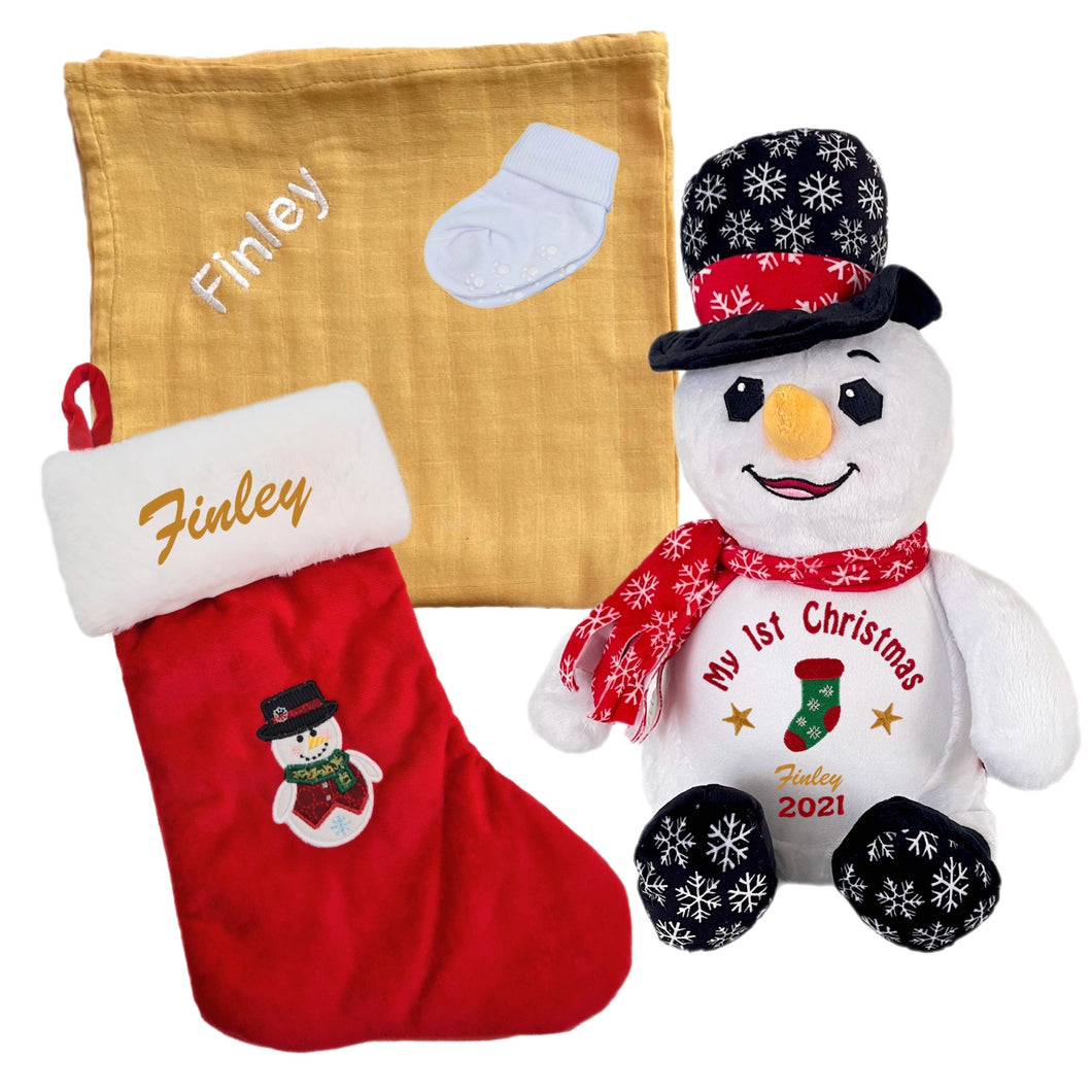 Frosty Snowman Plush, Personalised Bamboo Muslin, Personalised Christmas Stocking & Cotton Socks- 4 Piece Personalised Christmas Gift Set