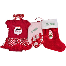 Load image into Gallery viewer, Tutu Romper Outfit, Personalised Embroidered Stocking &amp; Personalised Cotton Wrap- 5 Piece Personalised Christmas Gift Set
