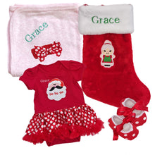 Load image into Gallery viewer, Tutu Romper Outfit, Personalised Embroidered Stocking &amp; Personalised Cotton Wrap- 5 Piece Personalised Christmas Gift Set
