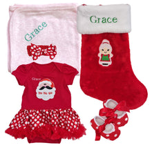 Load image into Gallery viewer, Tutu Romper Outfit, Personalised Embroidered Stocking &amp; Personalised Cotton Wrap- 5 Piece Personalised Christmas Gift Set
