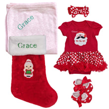 Load image into Gallery viewer, Tutu Romper Outfit, Personalised Embroidered Stocking &amp; Personalised Cotton Wrap- 5 Piece Personalised Christmas Gift Set
