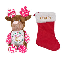 Load image into Gallery viewer, Christmas Stocking &amp; Personalised Pink Reindeer Plush- 2 Piece Personalised Christmas Gift Set
