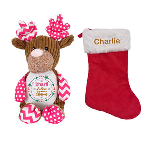 Christmas Stocking & Personalised Pink Reindeer Plush- 2 Piece Personalised Christmas Gift Set