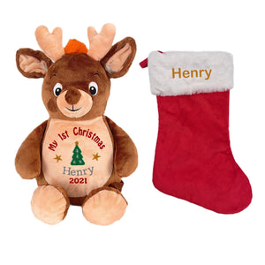 Christmas Stocking & Personalised "Cupid" Reindeer Plush- 2 Piece Personalised Christmas Gift Set