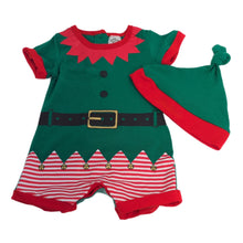 Load image into Gallery viewer, Newborn Elf Romper 0000, Personalised Green Knotted Hat, Personalised Plush Gingerbread Person &amp; Unisex Canvas Shoes- 4 Piece Christmas Gift Set
