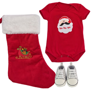 Romper & Embroidered Christmas Stocking & Canvas Sequenced Baby Shoes- 3 Piece Personalised Christmas Gift Set