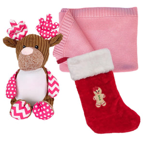 Cotton Knitted Blanket, Personalised Embroidered Christmas Stocking & Personalised "Pinkie" Patchwork Reindeer - 3 Piece Personalised Christmas Gift Set