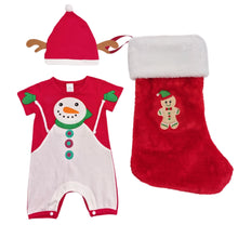 Load image into Gallery viewer, Snowman Romper with Hat &amp; Personalised Christmas Stocking- 3 Piece Personalised Christmas Gift Set
