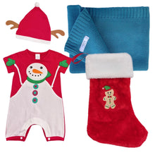 Load image into Gallery viewer, Cotton Blanket, Embroidered Christmas Stocking &amp; Personalised Snowman Outfit- 4 Piece Personalised Christmas Gift Set
