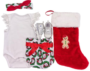 Christmas Romper Outfit, Personalised Embroidered Christmas Stocking & Sequenced Baby Shoes- 5 Piece Personalised Christmas Gift Set