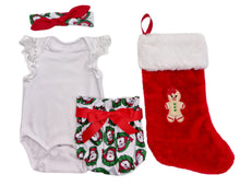 Load image into Gallery viewer, Embroidered Stocking,  Baby Girls Personalised Romper, Bloomers &amp; Headband Outfit- 4 Piece Personalised Christmas Gift Set
