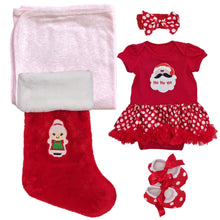 Load image into Gallery viewer, Tutu Romper Outfit, Personalised Embroidered Stocking &amp; Personalised Cotton Wrap- 5 Piece Personalised Christmas Gift Set
