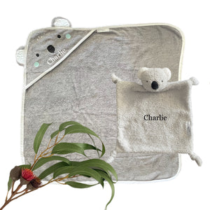 Koala Cotton Hooded Towel & Koala Comforter Unisex - 2 Piece Personalised Gift Set