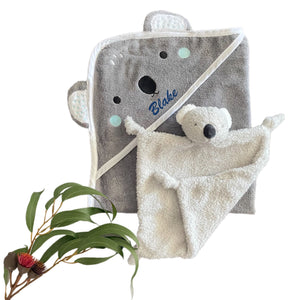 Koala Cotton Hooded Towel & Koala Comforter Unisex - 2 Piece Personalised Gift Set