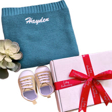 Load image into Gallery viewer, Ocean Blue Cotton Knitted Blanket &amp; Unisex Canvas Baby Shoes - 2 Piece Personalised Gift Set
