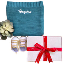 Load image into Gallery viewer, Ocean Blue Cotton Knitted Blanket &amp; Unisex Canvas Baby Shoes - 2 Piece Personalised Gift Set
