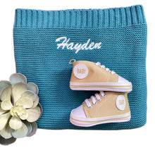 Load image into Gallery viewer, Ocean Blue Cotton Knitted Blanket &amp; Unisex Canvas Baby Shoes - 2 Piece Personalised Gift Set
