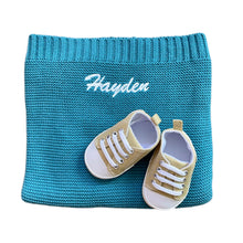 Load image into Gallery viewer, Ocean Blue Cotton Knitted Blanket &amp; Unisex Canvas Baby Shoes - 2 Piece Personalised Gift Set
