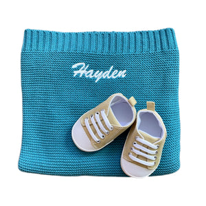 Ocean Blue Cotton Knitted Blanket & Unisex Canvas Baby Shoes - 2 Piece Personalised Gift Set